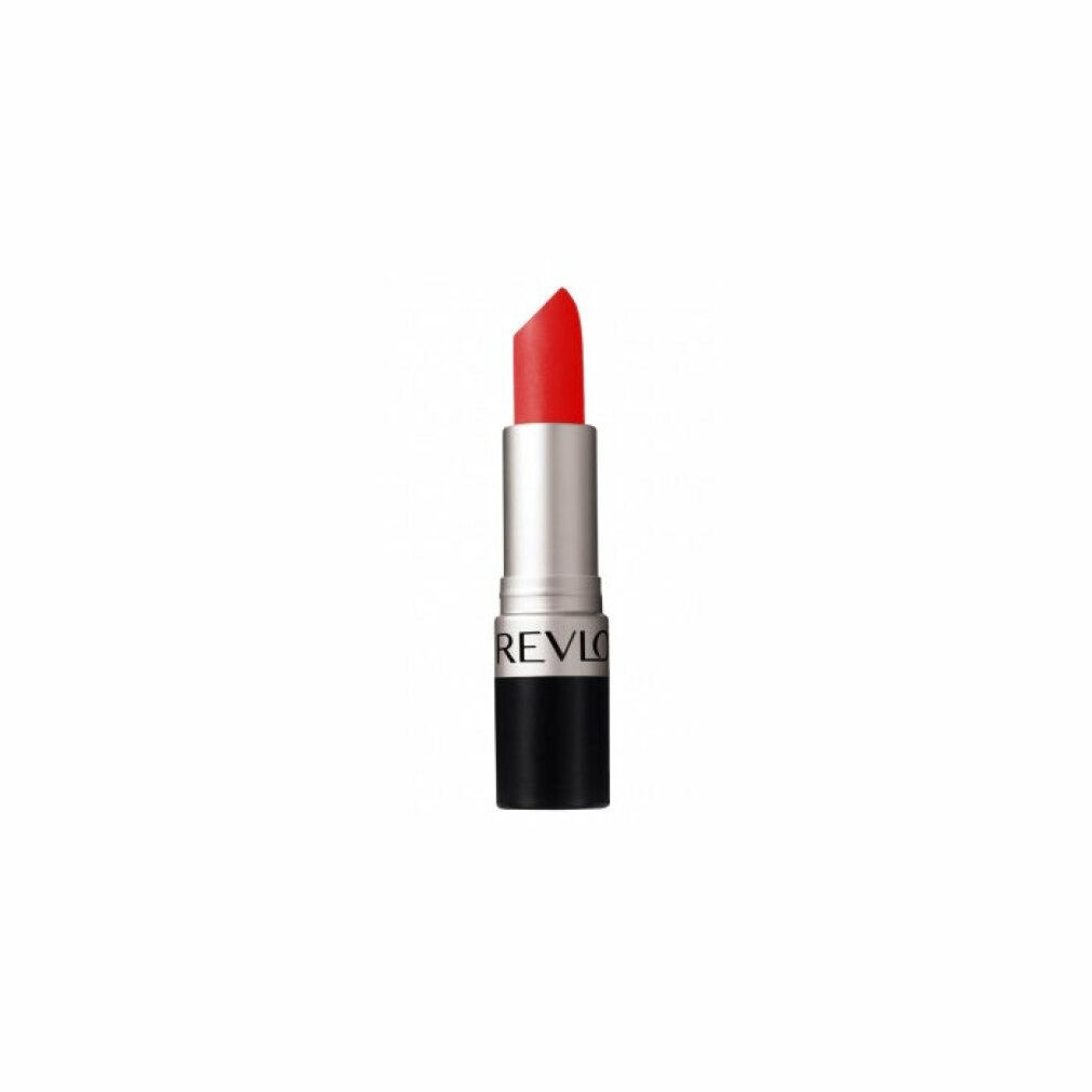 Rouge à lèvres Revlon, orange. Corps argenté, base noire. REVLON est écrit sur le corps.
