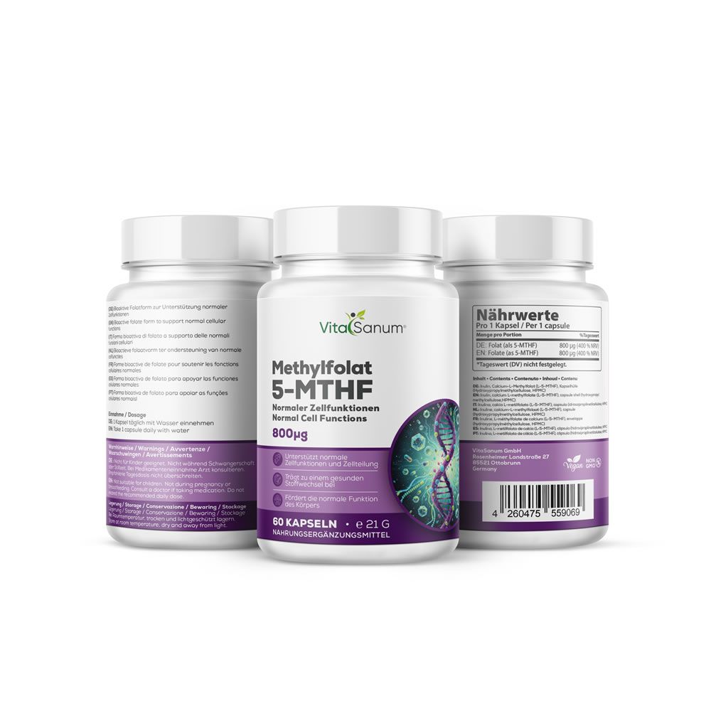 Trois flacons VitaSanum® de gélules de méthylfolate 5-MTHF. Flacons blancs avec étiquettes. 60 gélules par flacon.