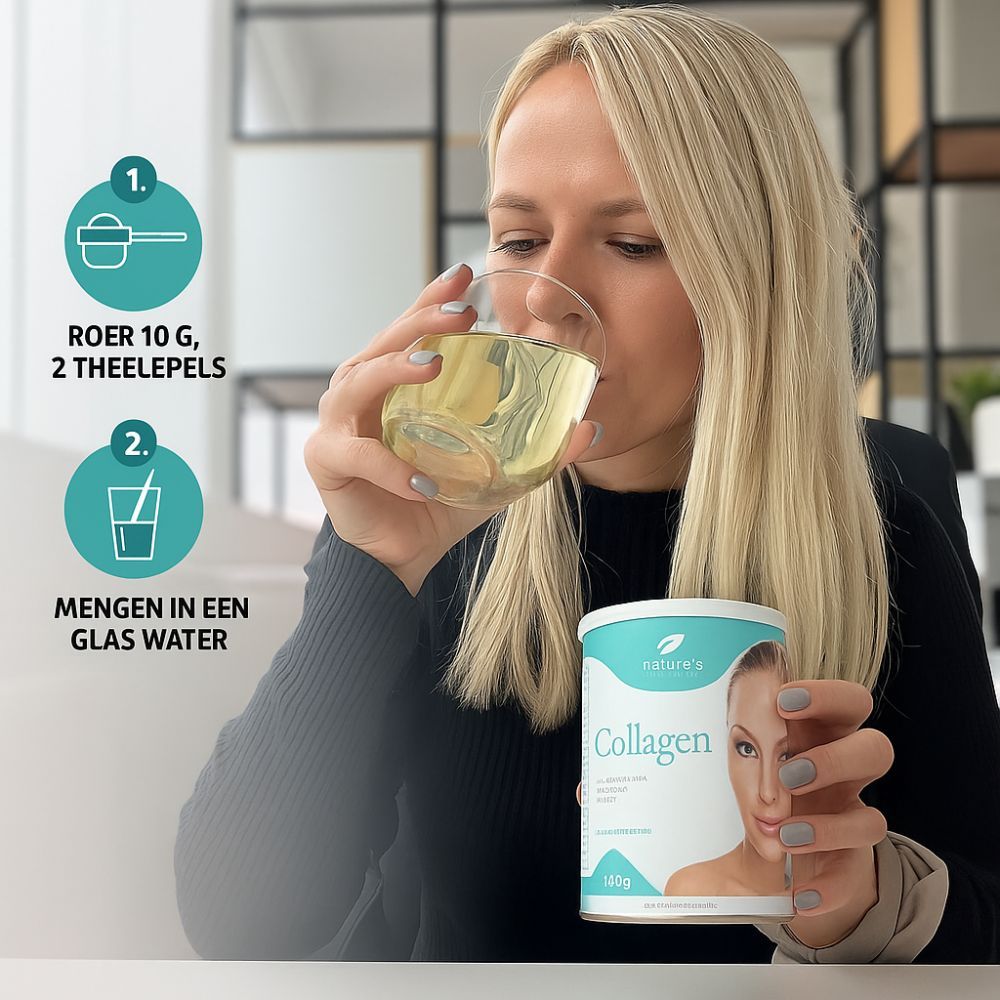 Vrouw drinkt uit een glas. Daarnaast pot collageenpoeder. Opschrift: Collageen, 140g. Instructies: 10g in water roeren.