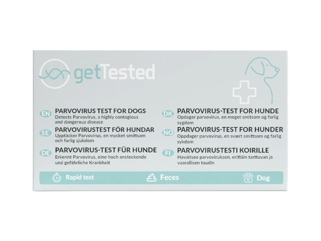 Testverpakking met 'getTested' en meertalige teksten. Bevat het woord 'Feces' en een honden-silhouet.