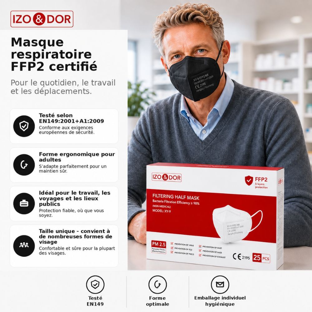 Arrière d'un emballage de masques FFP2 avec informations produit et détails fabricant.