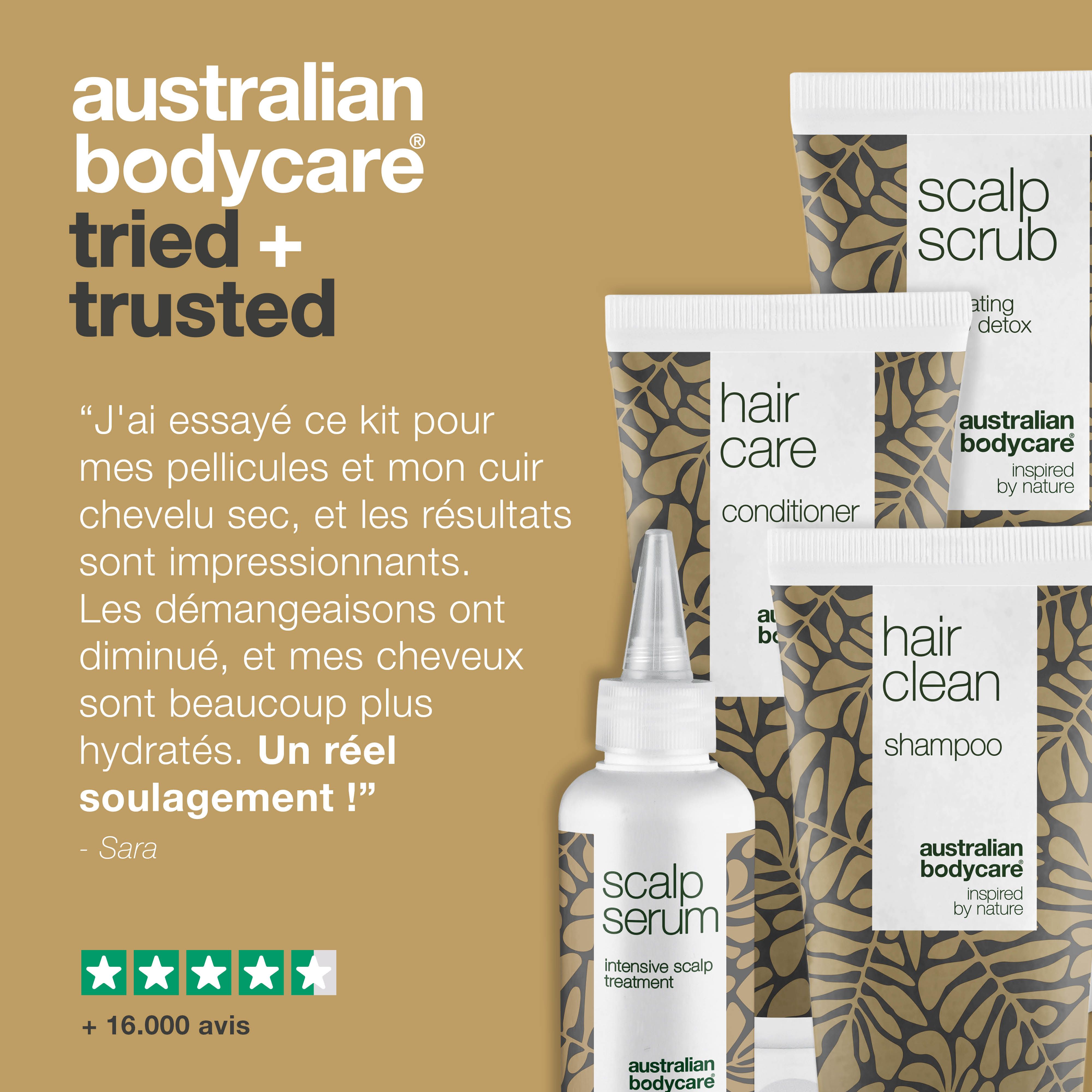 Témoignage. Produits : shampooing, gommage, revitalisant, sérum. Texte : cuir chevelu sec nettement amélioré. 5 étoiles.