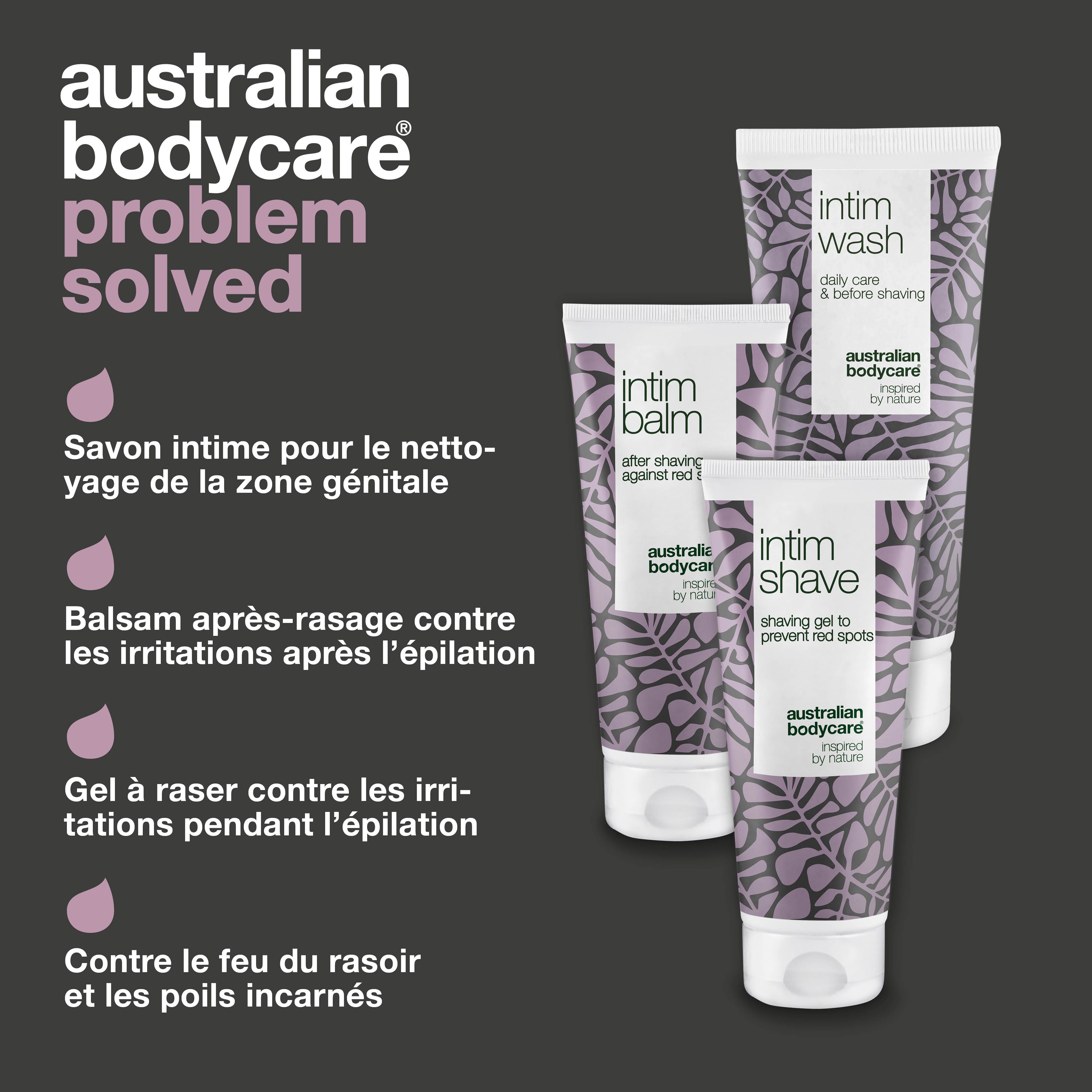Trois produits Australian Bodycare Intimrasur. Intim Wash, Intim Balm, Intim Shave. Texte et logos.