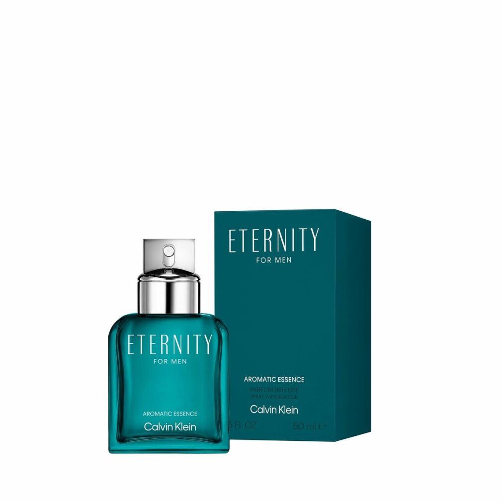 Flacon et boîte turquoise. Inscription : Eternity for Men, Aromatic Essence, Calvin Klein. Flacon avec bouchon argenté.