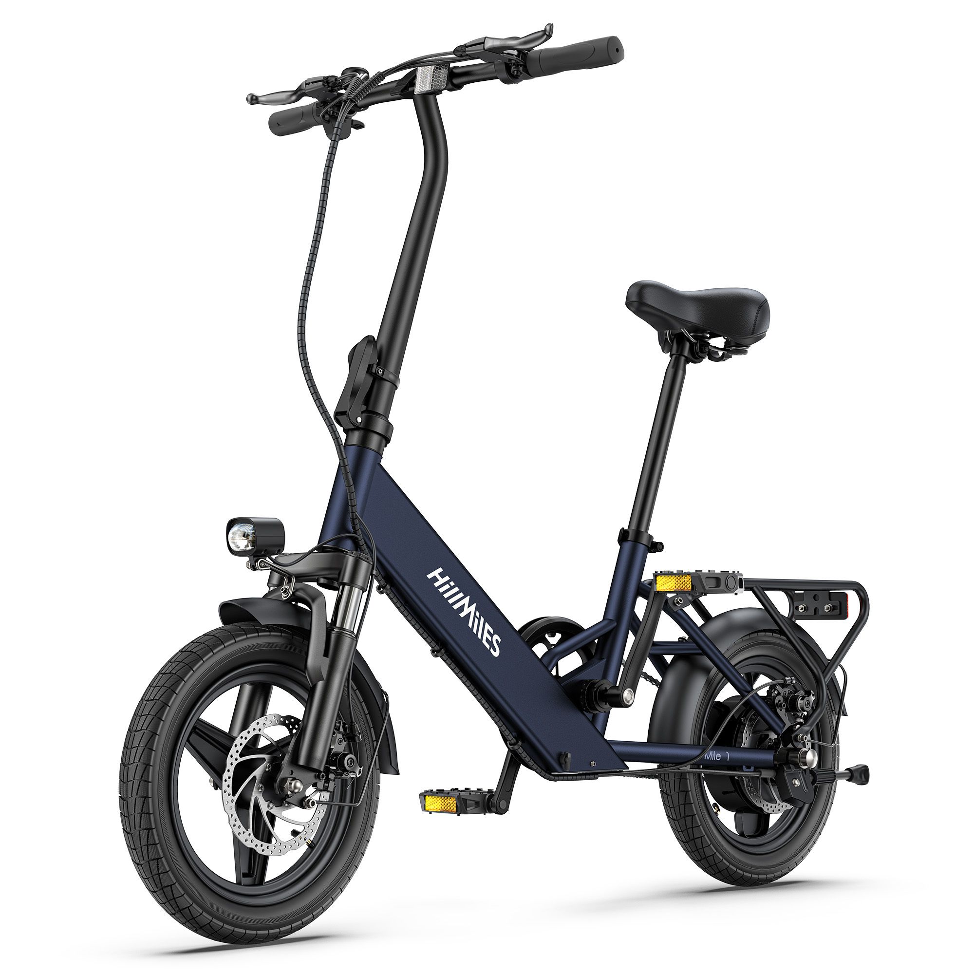 Vélo électrique pliable bleu foncé avec porte-bagages et phare. Marque HillMiles visible.