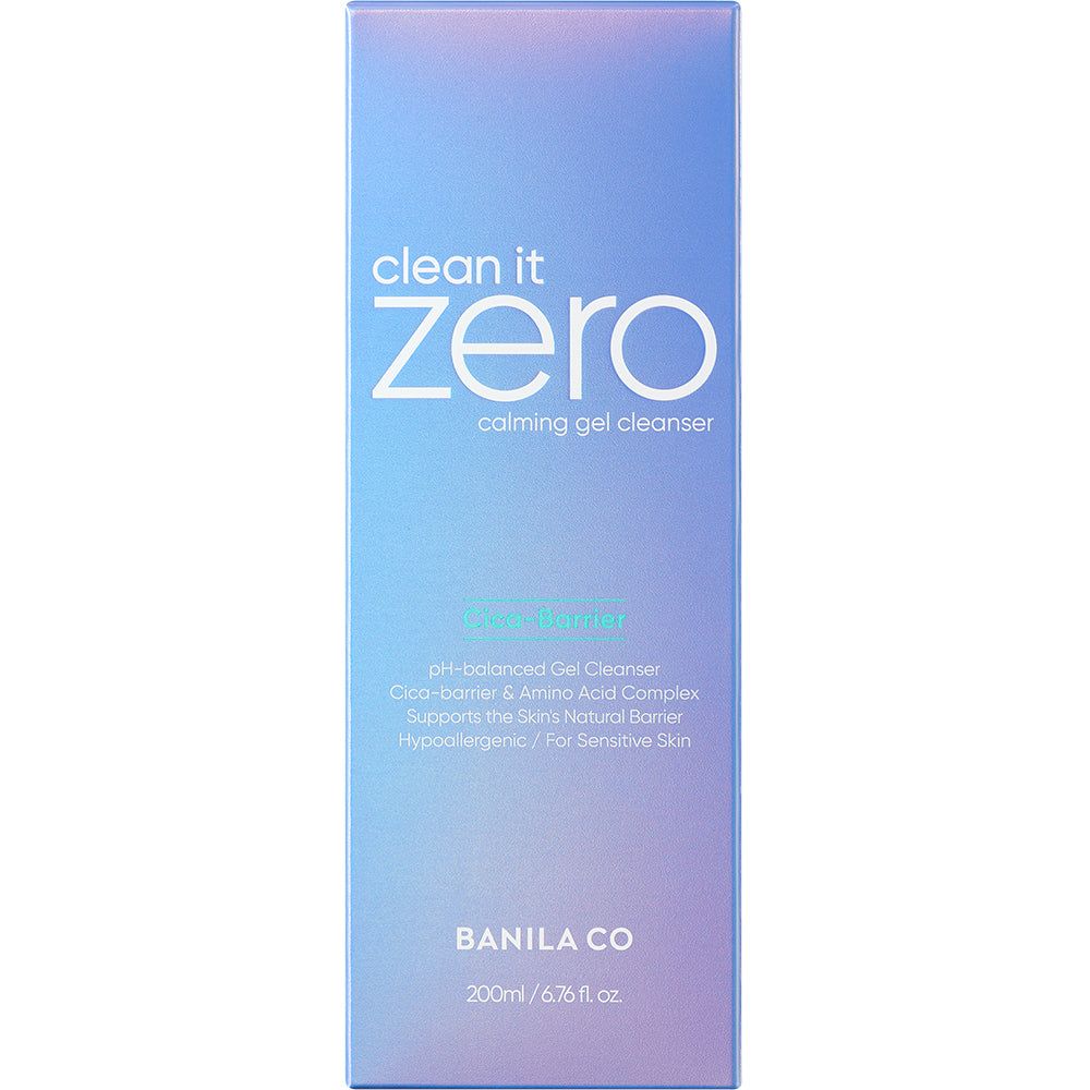 Doos met opschrift: Clean it Zero, Calming Gel Cleanser. Bevat informatie over het product.