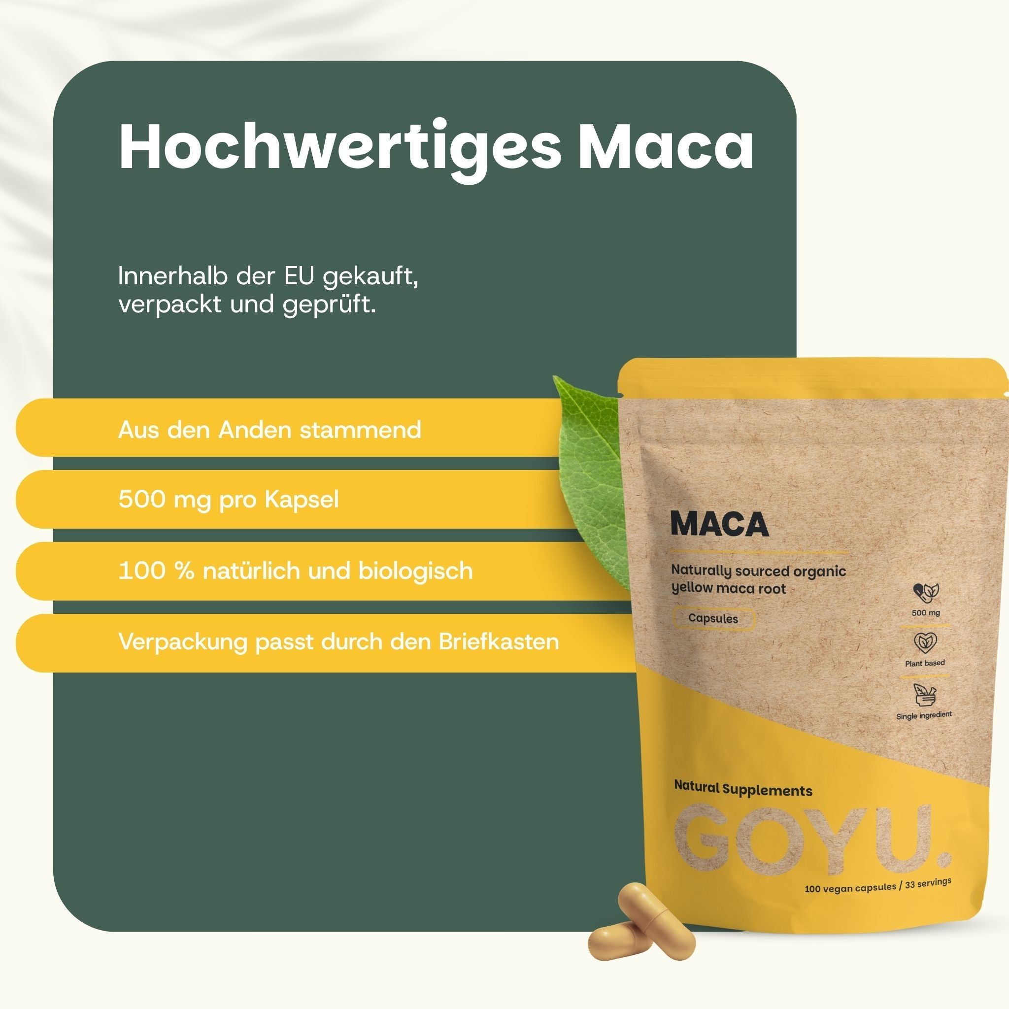 Poudre de maca de haute qualité en capsules, 500 mg par capsule, naturelle et biologique.
