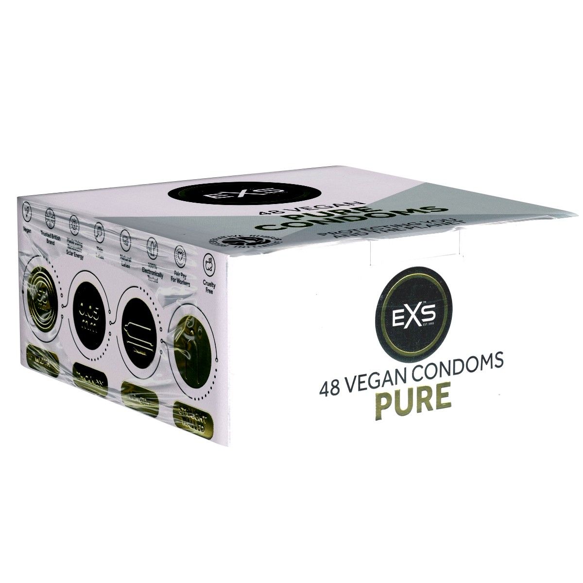 Verpakking met EXS Pure logo. Tekst: 48 Vegan Condoms. Zwart logo op witte achtergrond.