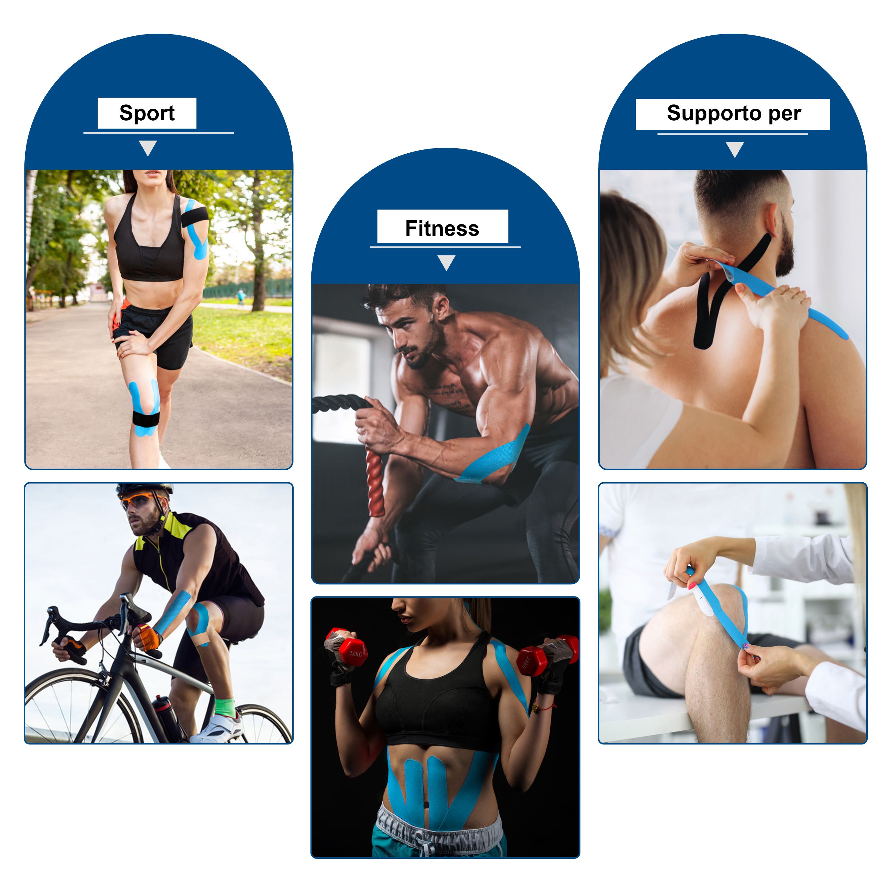 Collage met toepassingsvoorbeelden van kinesiologie tape in sport en fitness.