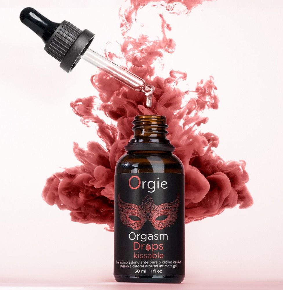 Flacon Orgie Orgasm Drops Kissable avec pipette, nuage de fumée rouge.