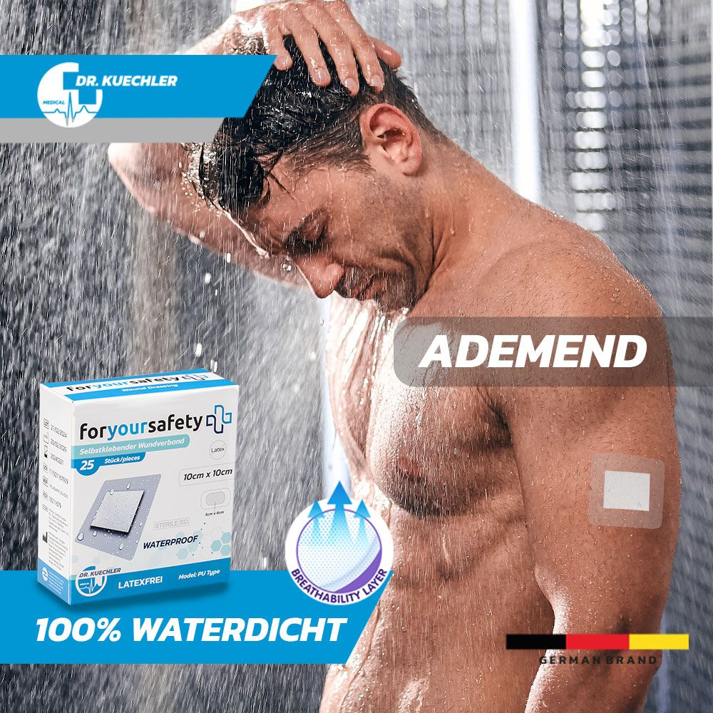 Man onder douche met pleister op arm. Ademend, waterdicht. Pleisterverpakking.