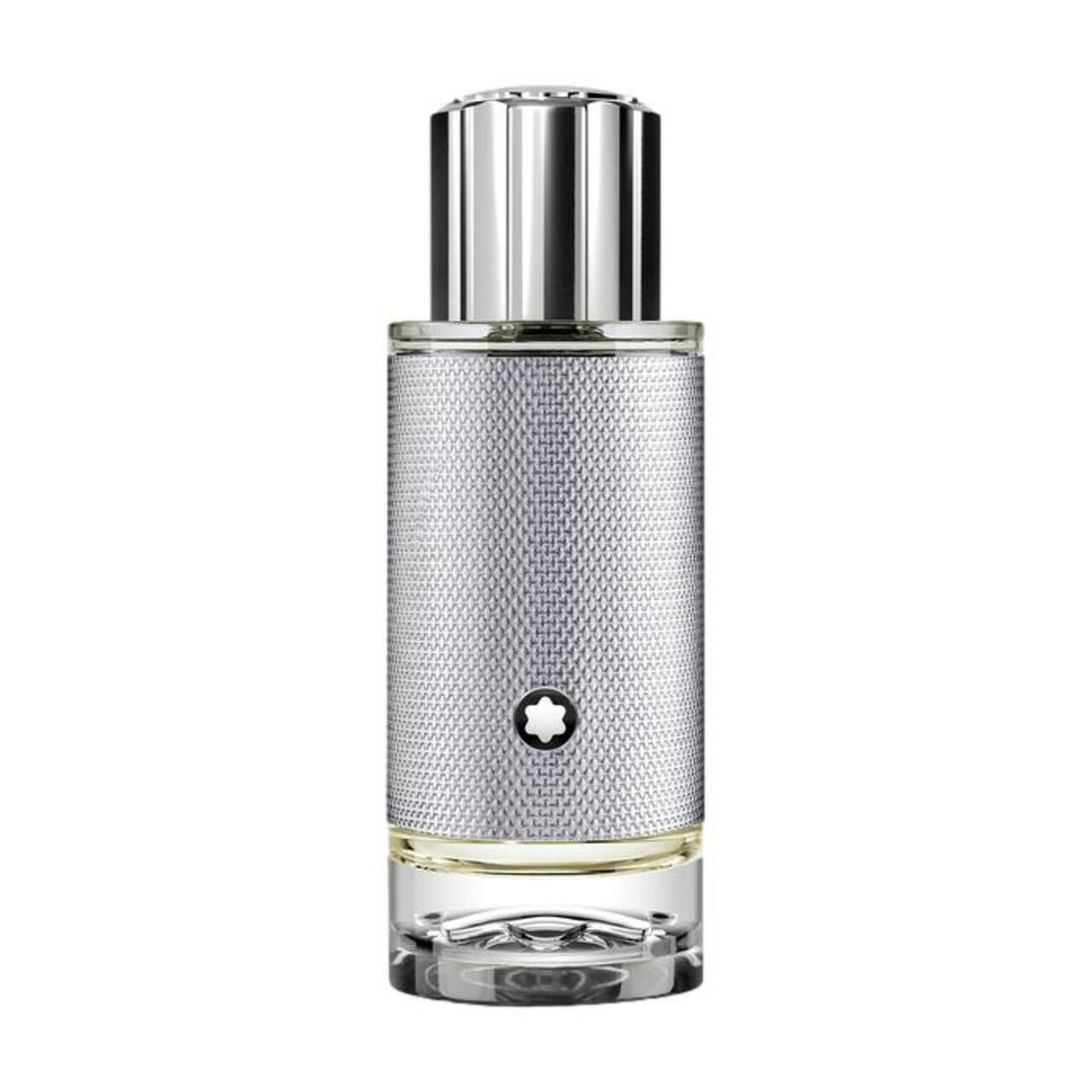 Montblanc Explorer Platinum EdP Nat. Spray fles. Zilverkleurig ontwerp met logo. Cilindrische vorm met zilveren dop.
