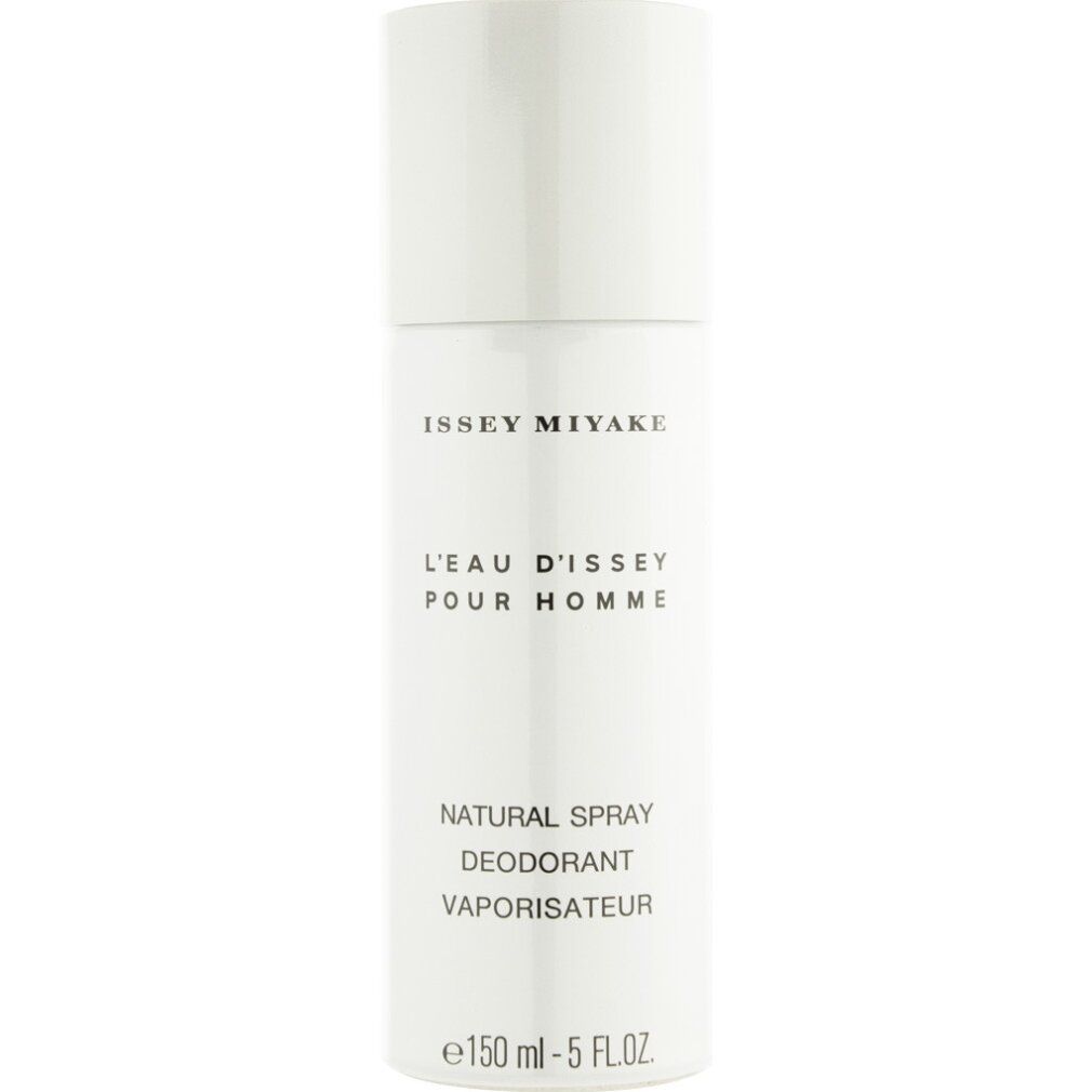 Déodorant spray blanc Issey Miyake. Texte: L'Eau d'Issey Pour Homme, Natural Spray Deodorant, Vaporisateur. Bouteille avec bouchon.