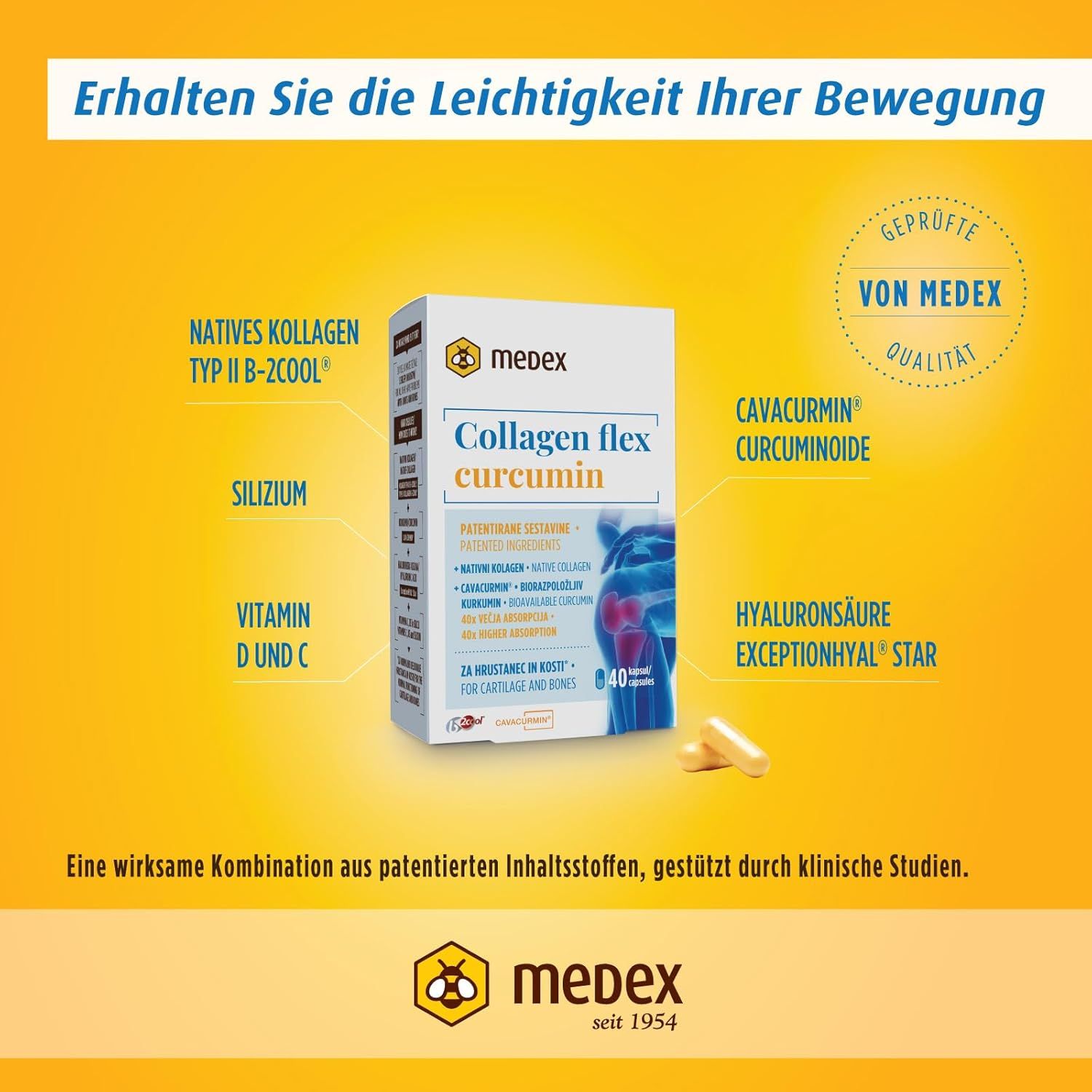 Medex Collagen flex curcumine verpakking met capsules. Bevat collageen, curcumine, hyaluronzuur, vitamine D en C.