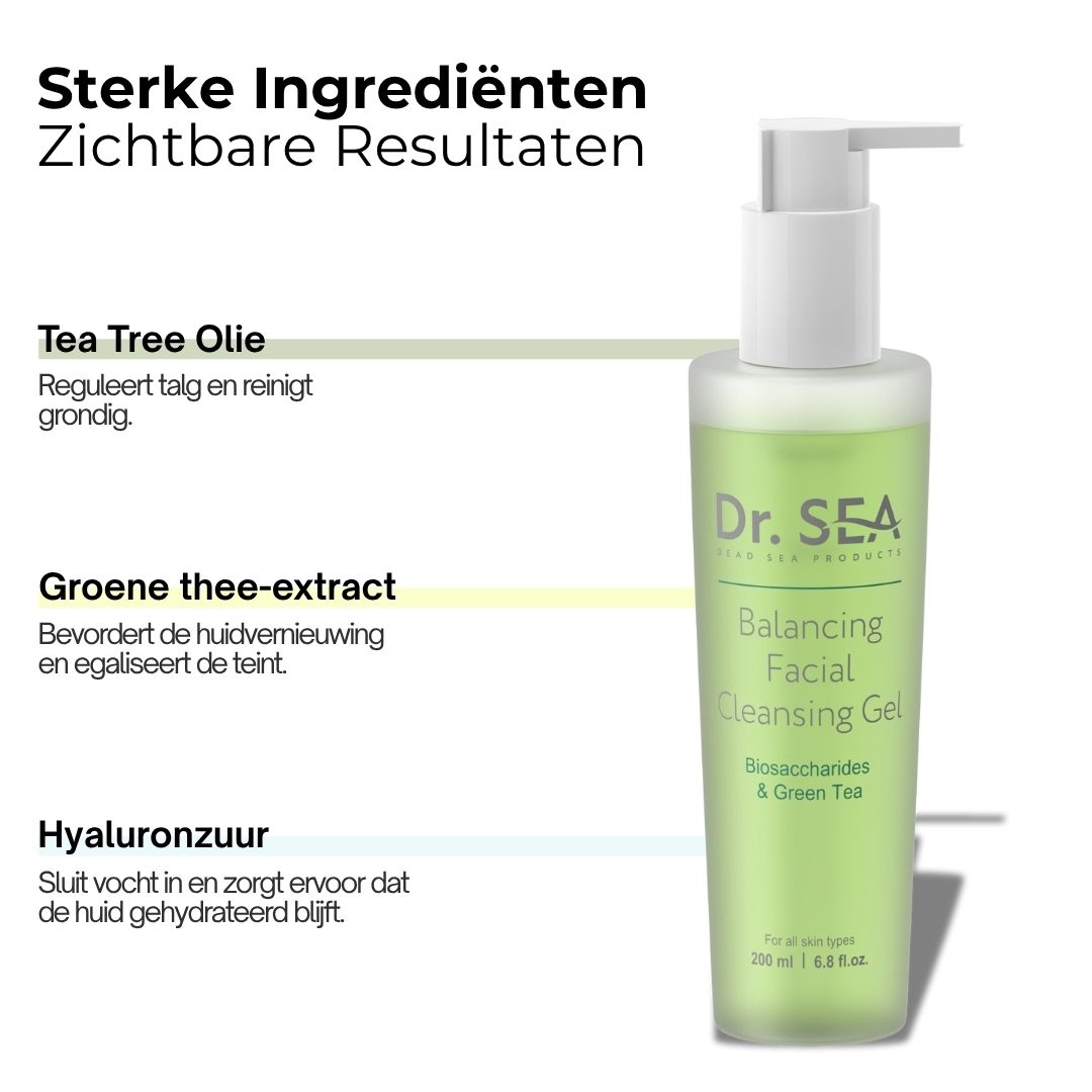 Productfles met tekst. Tekst: Reinigt zachtjes en brengt de huid in evenwicht. Dr. SEA Balancing Facial Cleansing Gel.