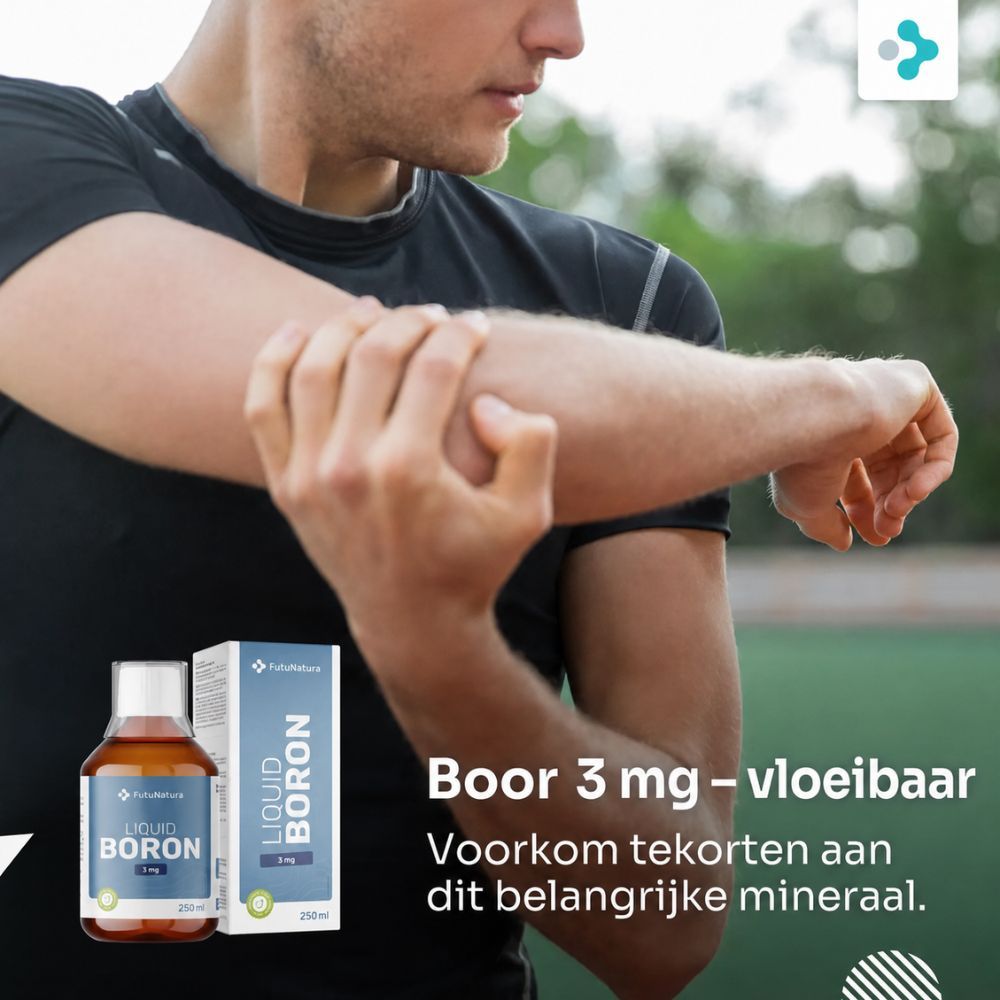 Man die zijn arm uitrekt. Fles en doos met vloeibaar boron supplement.