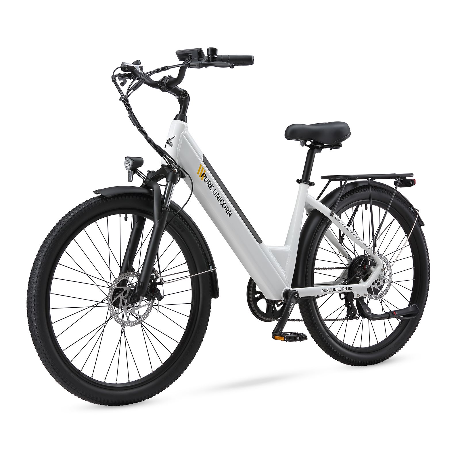 Witte e-bike met zwarte banden en details. Merk: PURE UNICORN. Bagagedrager en spatborden.