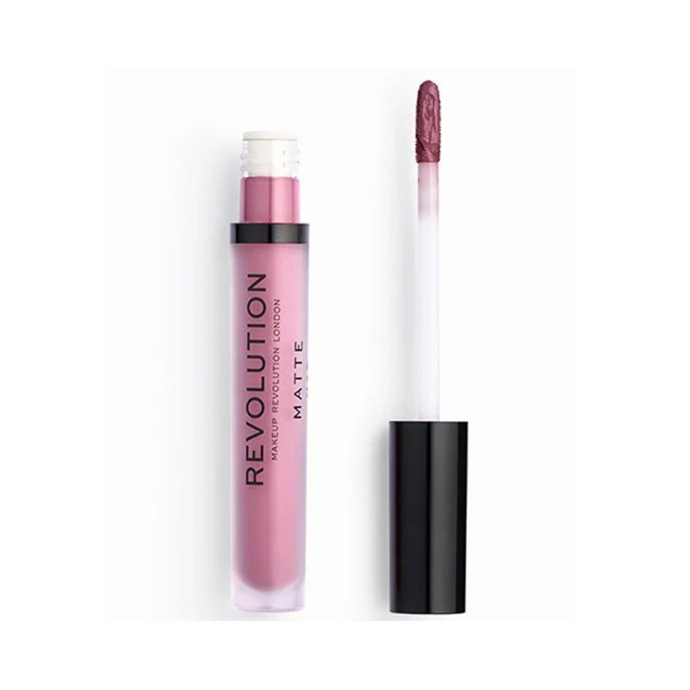 Tube de gloss avec applicateur. Liquide rose, bouchon noir. Inscription: REVOLUTION LONDON MATTE.