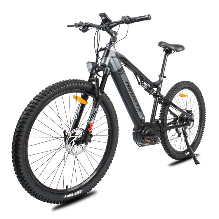 Elektrische mountainbike HedaTX TX11, zwart, middenmotor, 48V 15Ah accu. Zwarte banden, zadel en stuur.