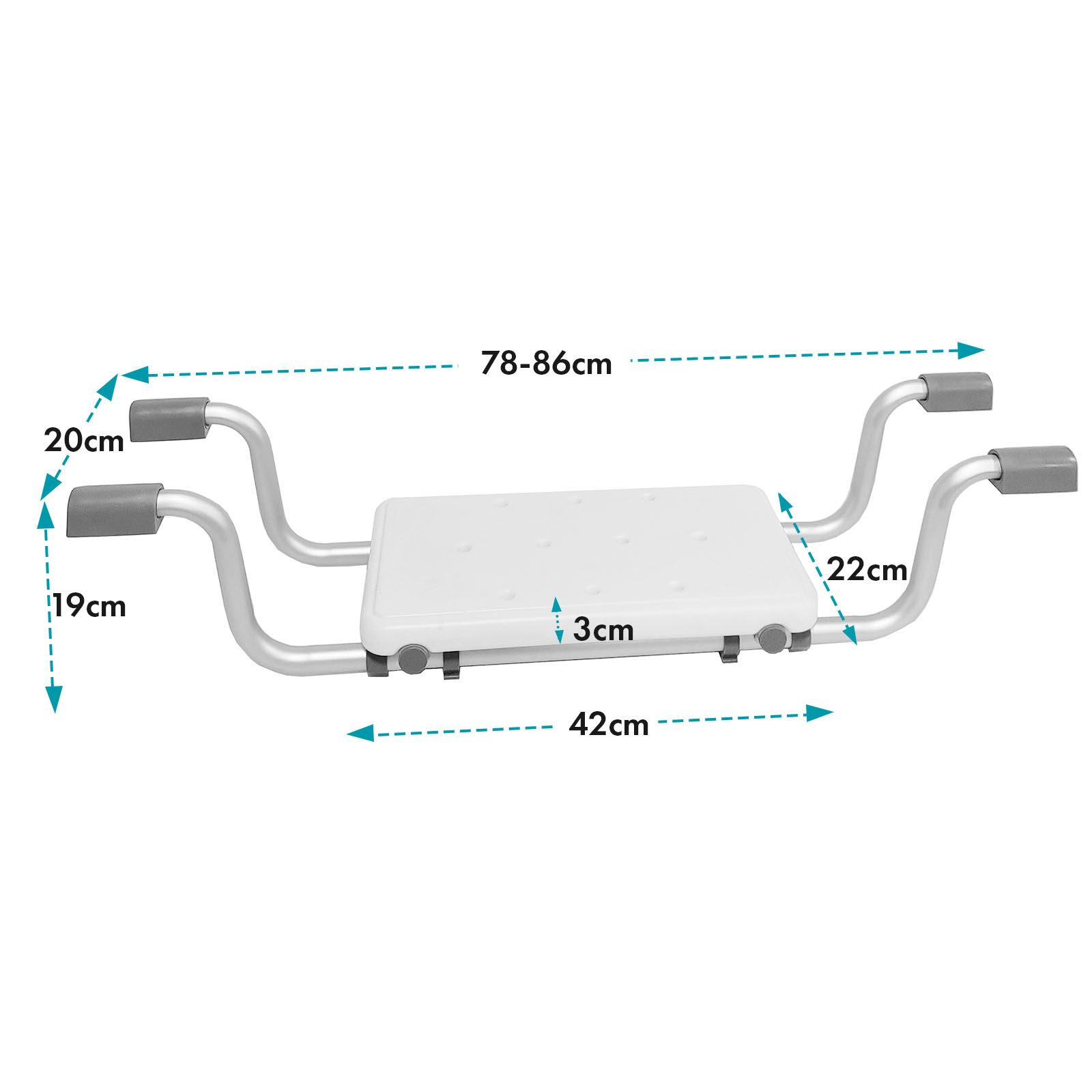 Badzitje met afmetingen. 78-86cm breed, 20cm hoog, 19cm diep, zitting 42cm breed. Voor in bad.