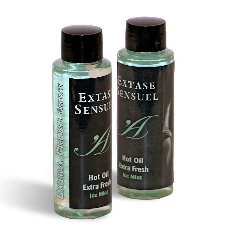 Twee flacons "Extase Sensuel Hot Oil Extra Fresh Ice Mint". Eén flacon met "Extra Fresh Effect".