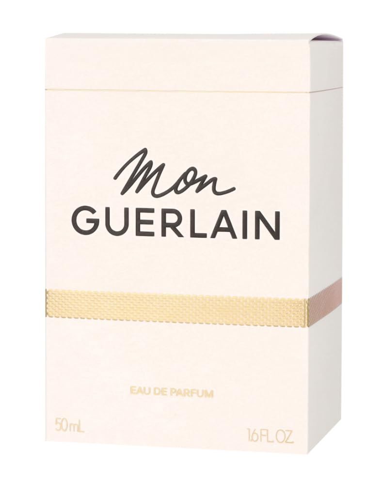Emballage avec texte 'Mon Guerlain'. Blanc avec bande dorée. Texte: Eau de Parfum, 50 ml, 1.6 fl. oz.