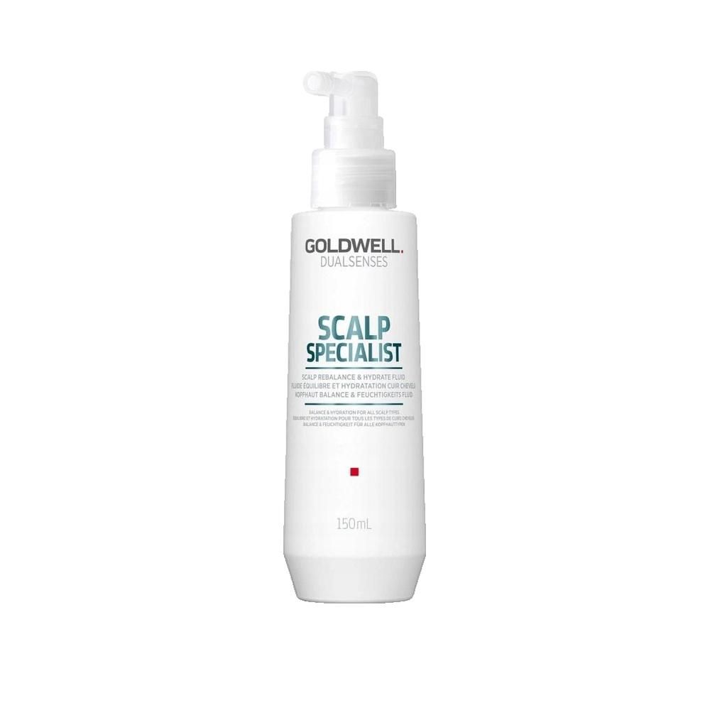 Witte fles met pomp. Opschrift: Goldwell Dualsenses, Scalp Specialist. Tekst: Voor gerevitaliseerde & gehydrateerde hoofdhuid. 150ml.