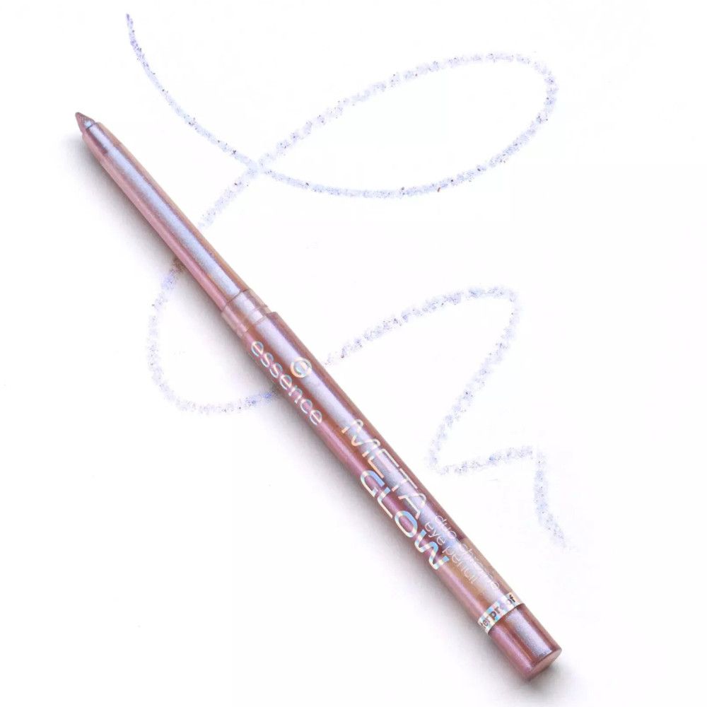 Kajalpotlood met Meta Glow-effect. Paars potlood met streep. Opschrift: META GLOW, essence.