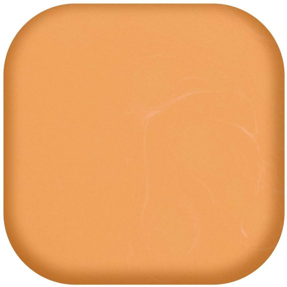 Vierkante, afgeronde vorm, oranje oppervlak. Lichte kleurvariaties. Geen opschrift zichtbaar.