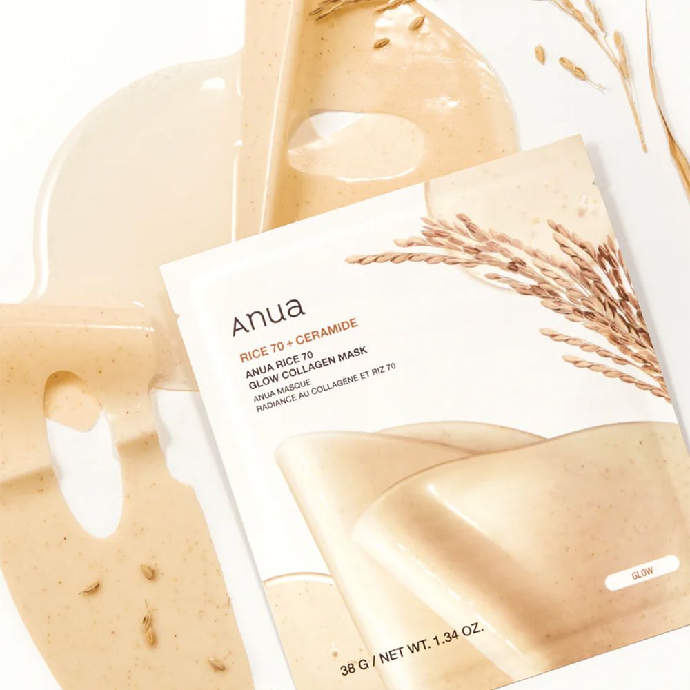 Individueel Anua Rice 70 Glow Collagen masker, rijst- en collageenmotief.