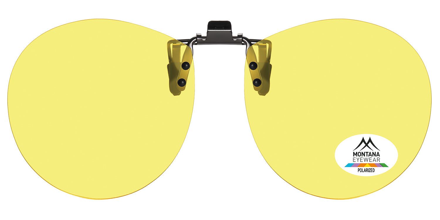 Lunettes de soleil clip-on jaunes. Logo Montana Eyewear. Verres polarisés. Forme ronde.