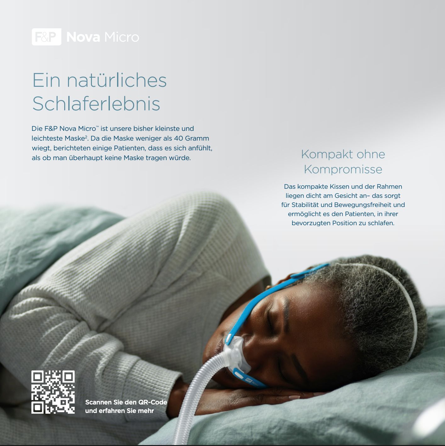 Vrouw slaapt met F&P Nova Micro neusmasker. Compact ontwerp voor stabiliteit.