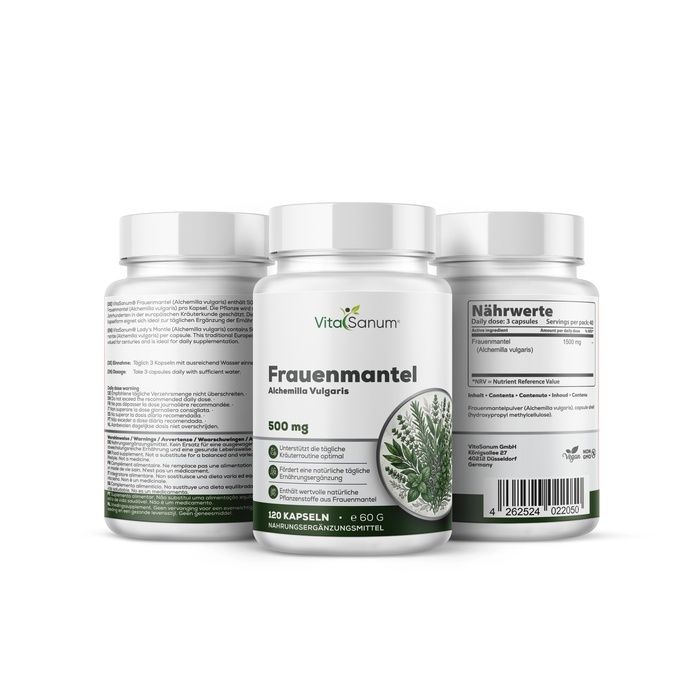 Drie witte capsulehouders met witte doppen. Voorkant met etiket: VitaSanum Frauenmantel Alchemilla Vulgaris 500 mg, 120 capsules.