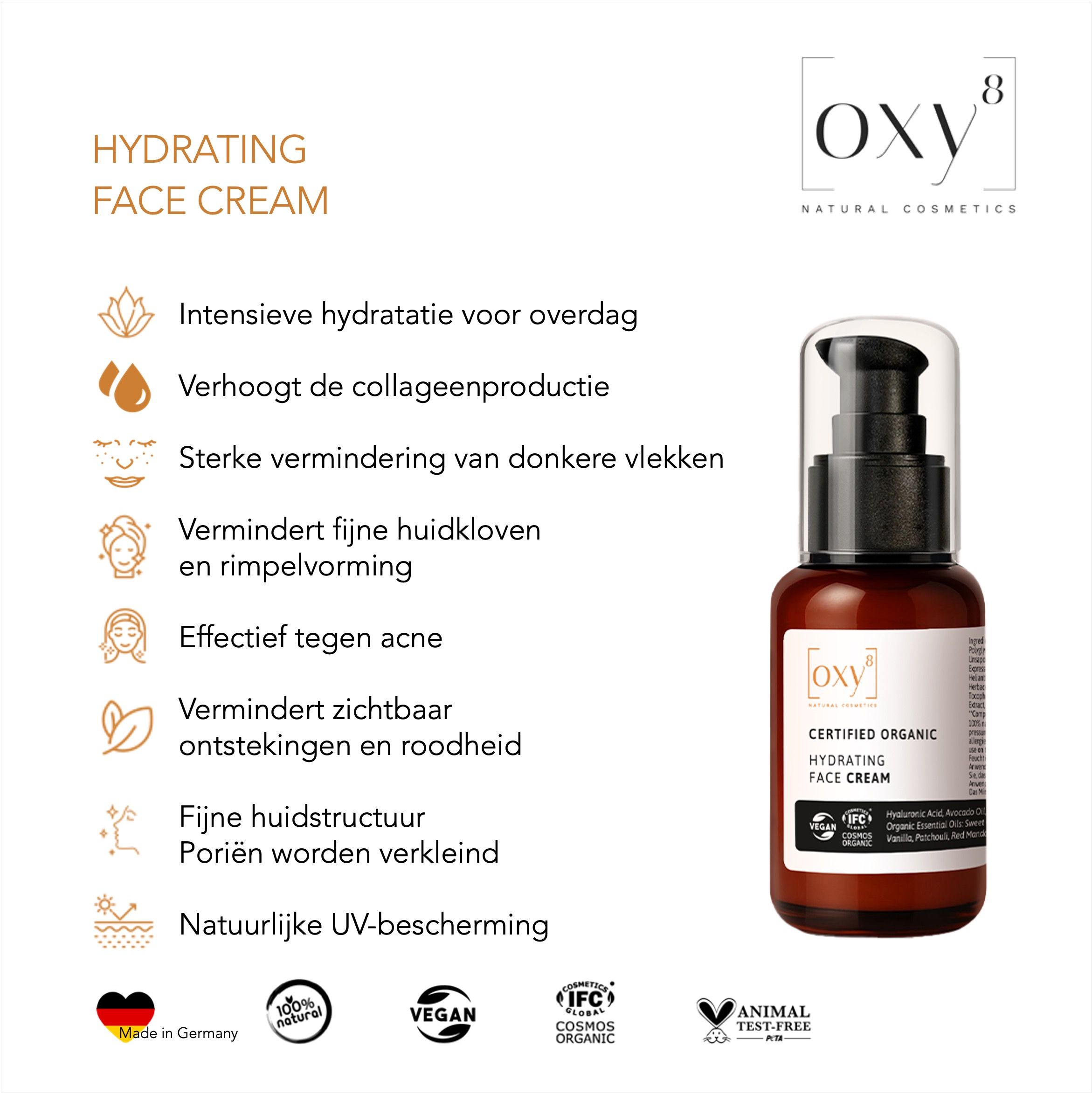 Productfles met tekst. Tekst: Hydrating Face Cream, oxy8, Certified Organic. Voordelen en logo's.