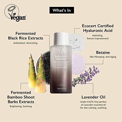 Produit avec ingrédients. Flacon de toner, bambou, lavande. Texte : Riz noir fermenté, acide hyaluronique, bétaïne, huile de lavande.