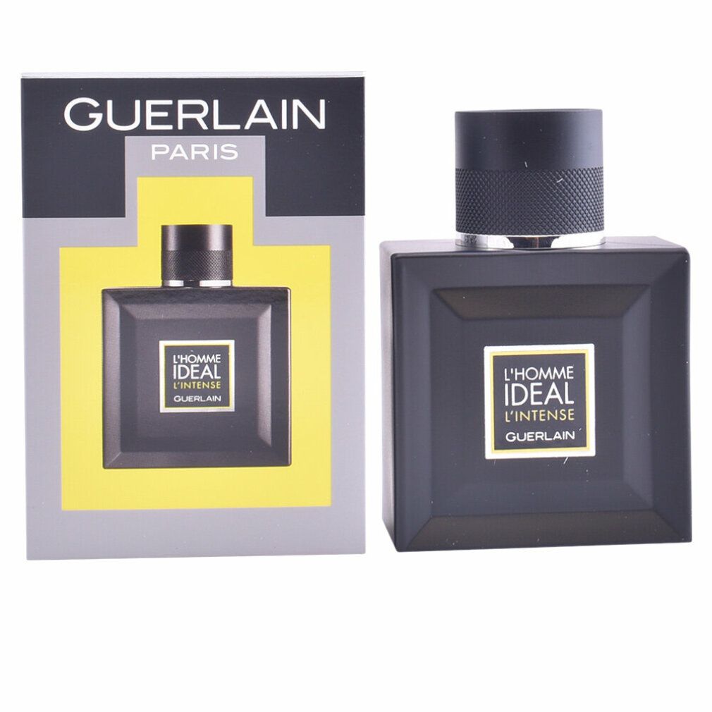 Flacon et emballage. Inscription : Guerlain Paris, L'Homme Ideal L'Intense. Fond jaune. Flacon noir.