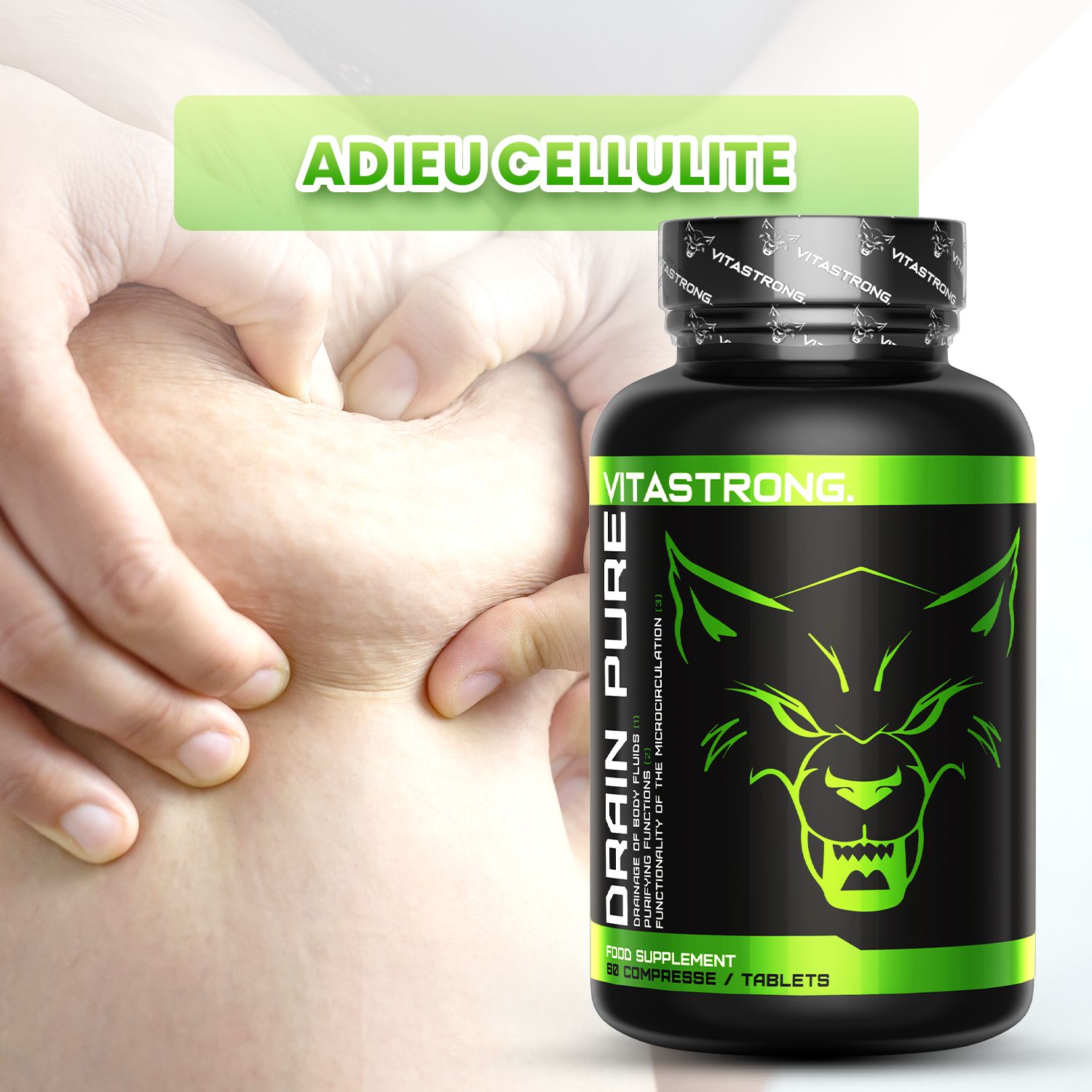 Vitastrong Drainpure, 60 tabletten. Vrouw met meetlint. Zwarte fles met groen etiket. Wolf-logo. Opschrift: Drain Pure.