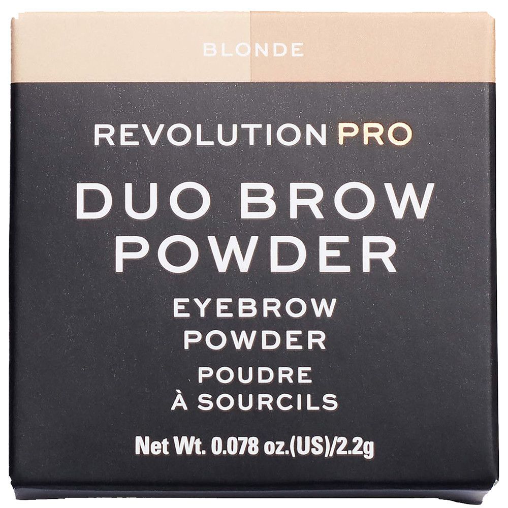 Emballage carré. Inscription "REVOLUTION PRO DUO BROW POWDER". Texte en anglais et français. Couleur : Blonde.