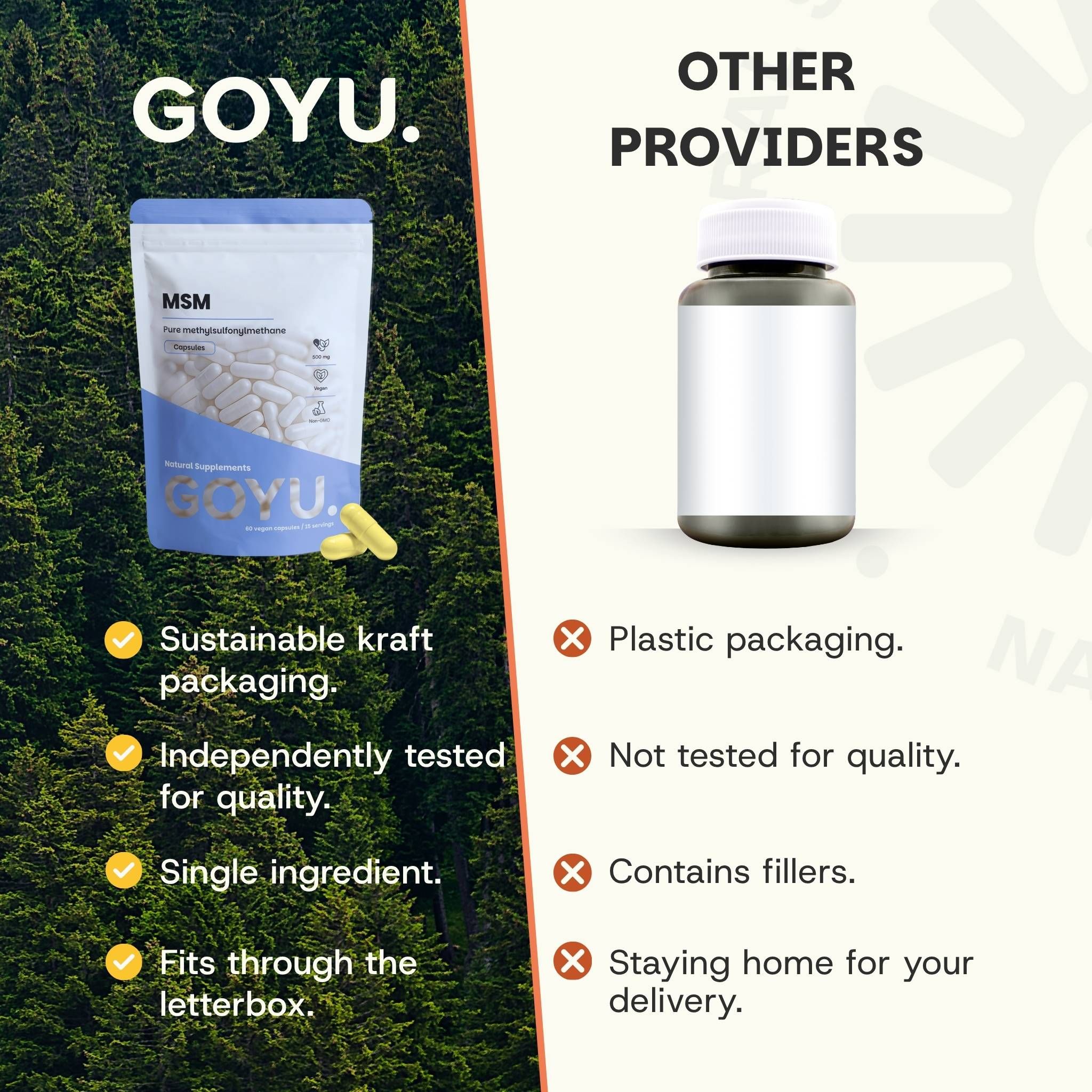 Comparaison : MSM GOYU (papier kraft, individuel) vs. Autres fournisseurs (flacon plastique).