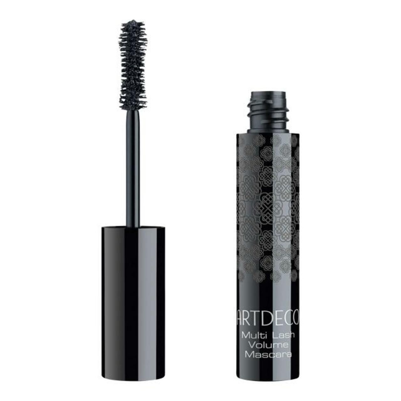 Open mascara tube met borstel. Productnaam: Artdeco Multi Lash Volumen Mascara Refillable. Zwarte borstel.