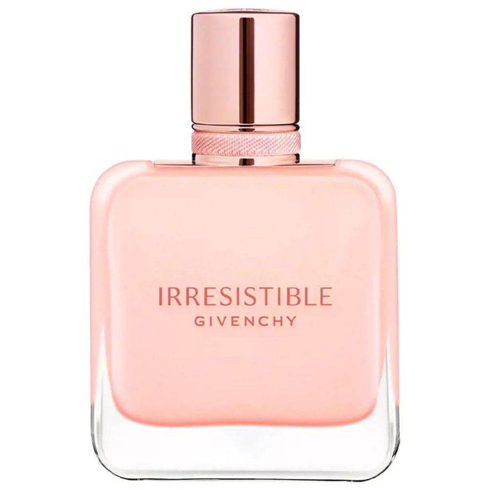 Roze parfumfles. Opschrift: Irresistible Givenchy. Rechthoekige fles met roze inhoud en roségouden dop.