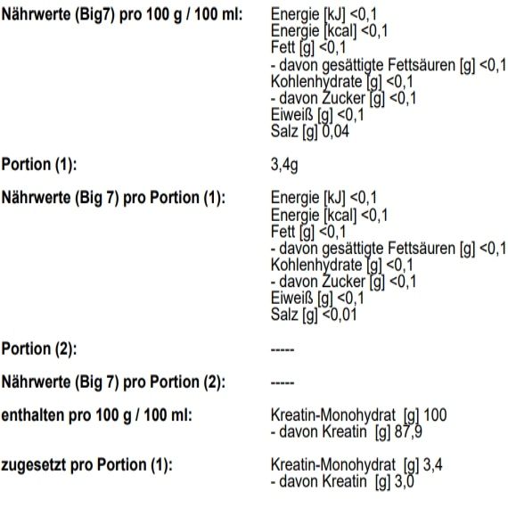 Tableau nutritionnel. Contient des informations sur l'énergie, les graisses, les glucides, le sucre, les protéines et le sel. Informations pour 100g et par portion.