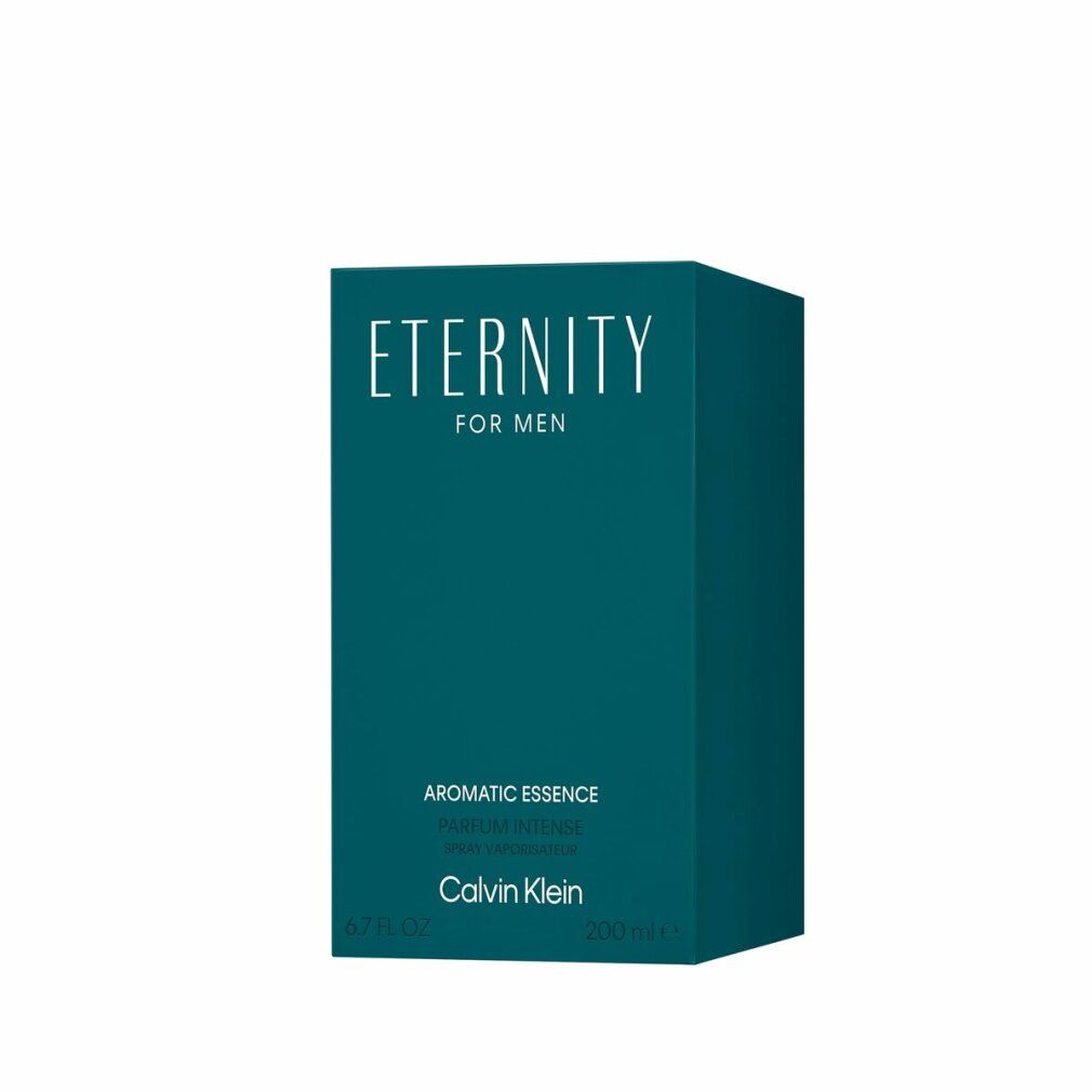 Emballage turquoise. Inscription : Eternity for Men Aromatic Essence. Marque : Calvin Klein. Volume : 200 ml.