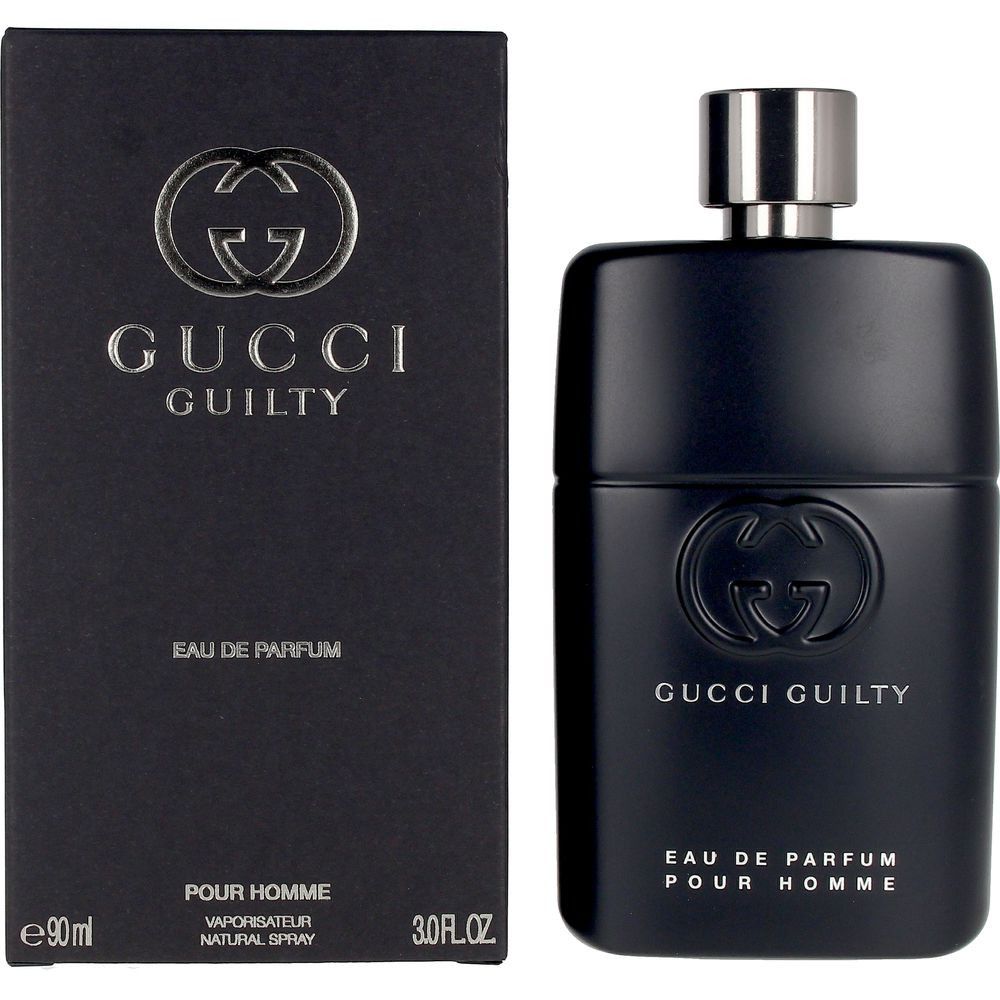 Zwarte fles en verpakking. Gucci Guilty Pour Homme Eau de Parfum. Logo en tekst. 90ml en 3.0 FL.OZ.