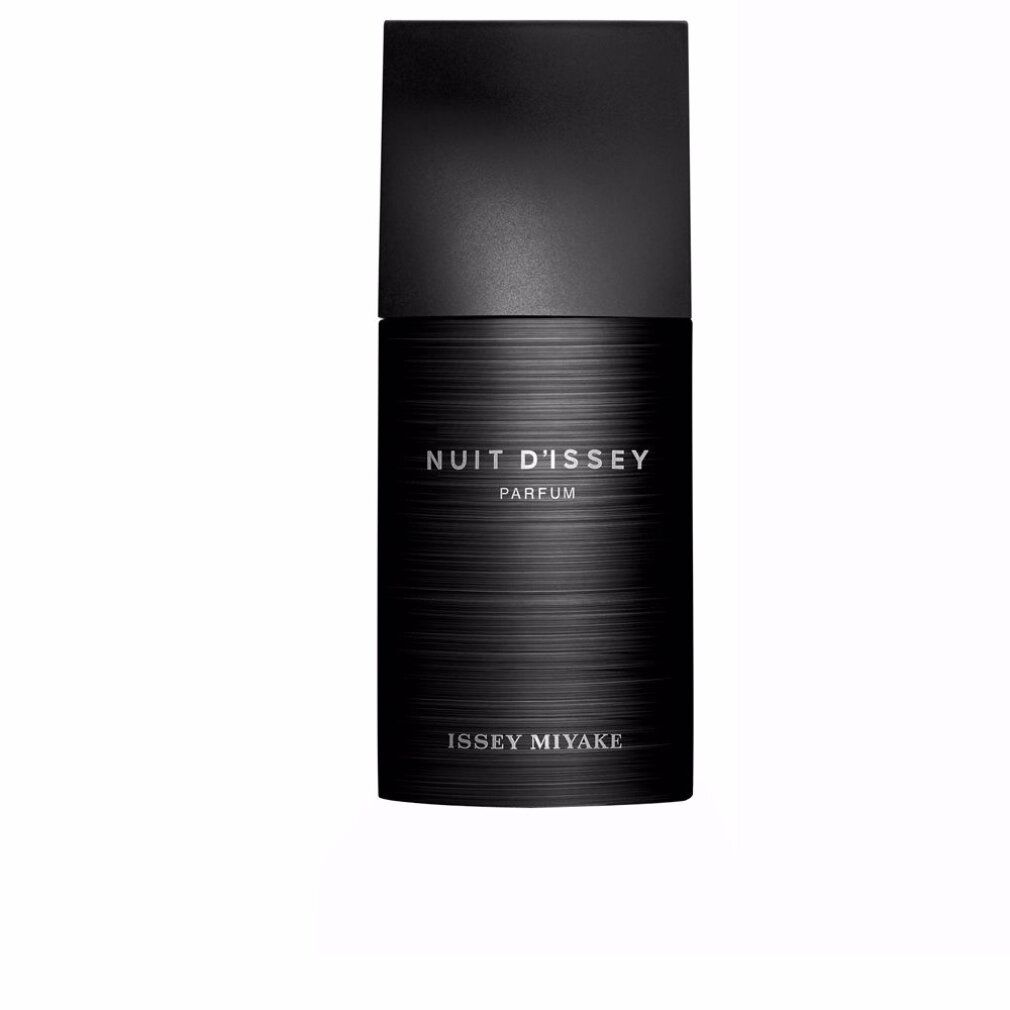 Zwarte flacon met verticale lijnen, zwarte dop. Opschrift: Nuit d'Issey Parfum, Issey Miyake.