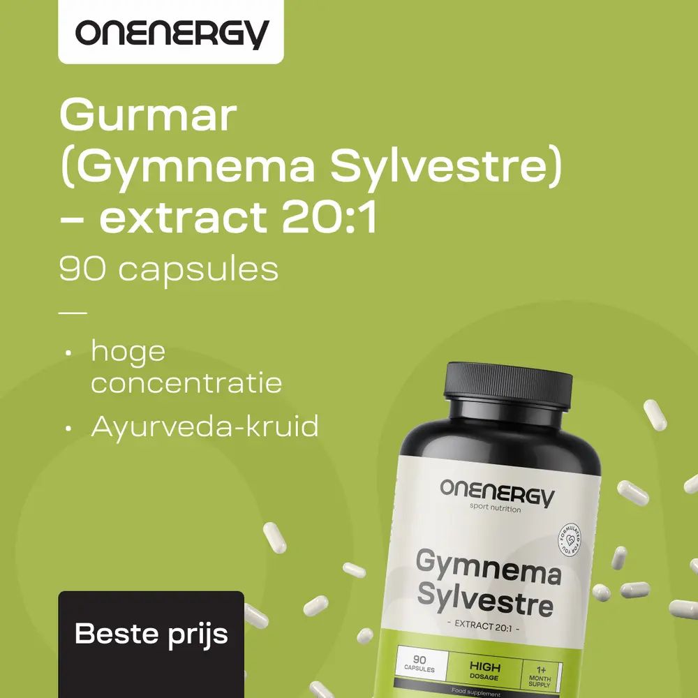 Vrouw met OnEnergy Gurmar capsules, Gurmar (Gymnema Sylvestre) extract 20:1, 90 capsules.