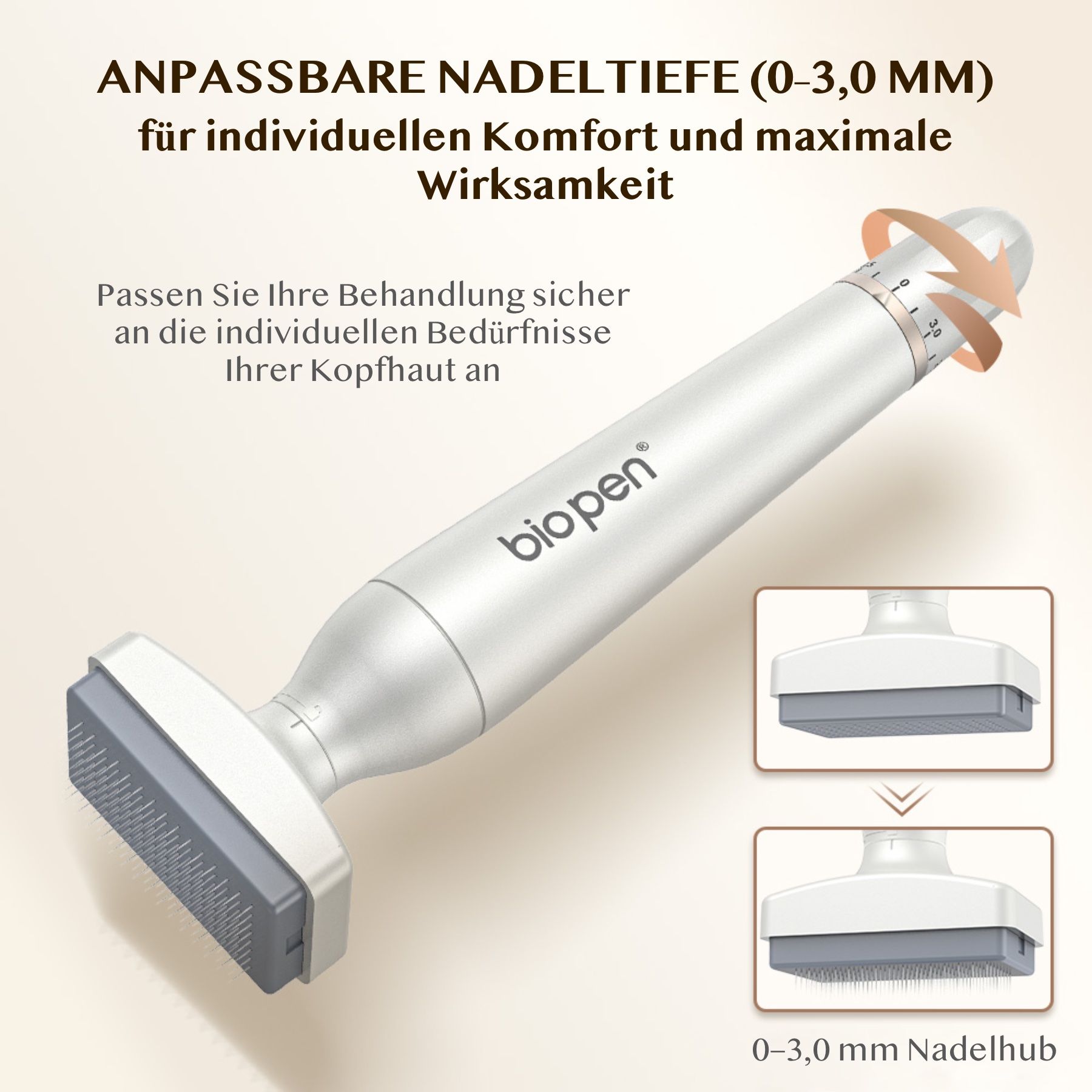 BioPen met instelbare naald diepte. Draaiknop met cijfers 0-3.0mm. Twee opzetstukken met naalden. 0-3.0 mm naaldslag.