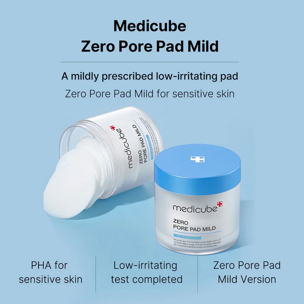 Deux contenants avec pads. Inscriptions: medicube, ZERO PORE PAD MILD. Texte: PHA pour peau sensible, test peu irritant.