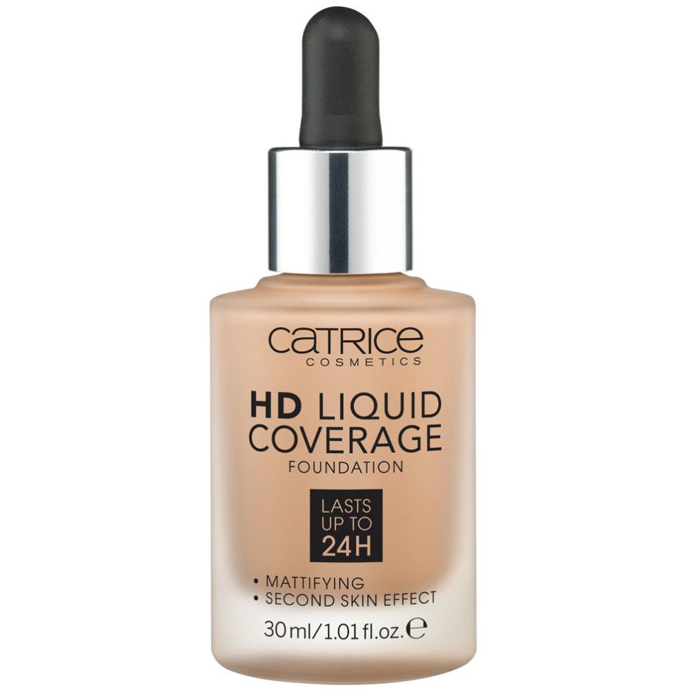 Fond de teint liquide avec pipette. Inscription: Catrice, HD Liquid Coverage Foundation, matifiant, 30ml.