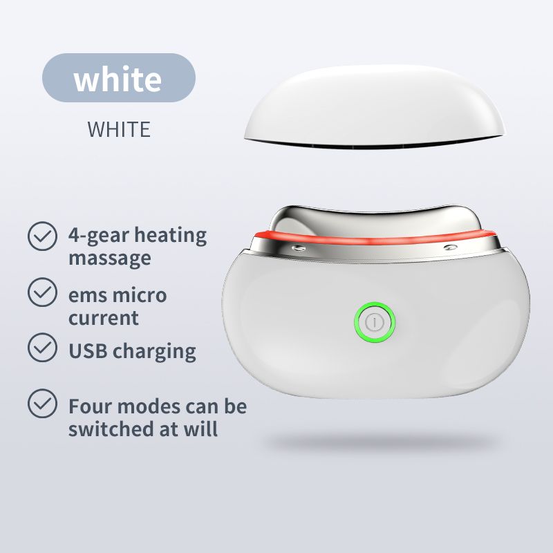 Appareil de lifting facial blanc. Avec lumière rouge et bouton vert. Texte: massage à 4 vitesses, micro-courant EMS, chargement USB.